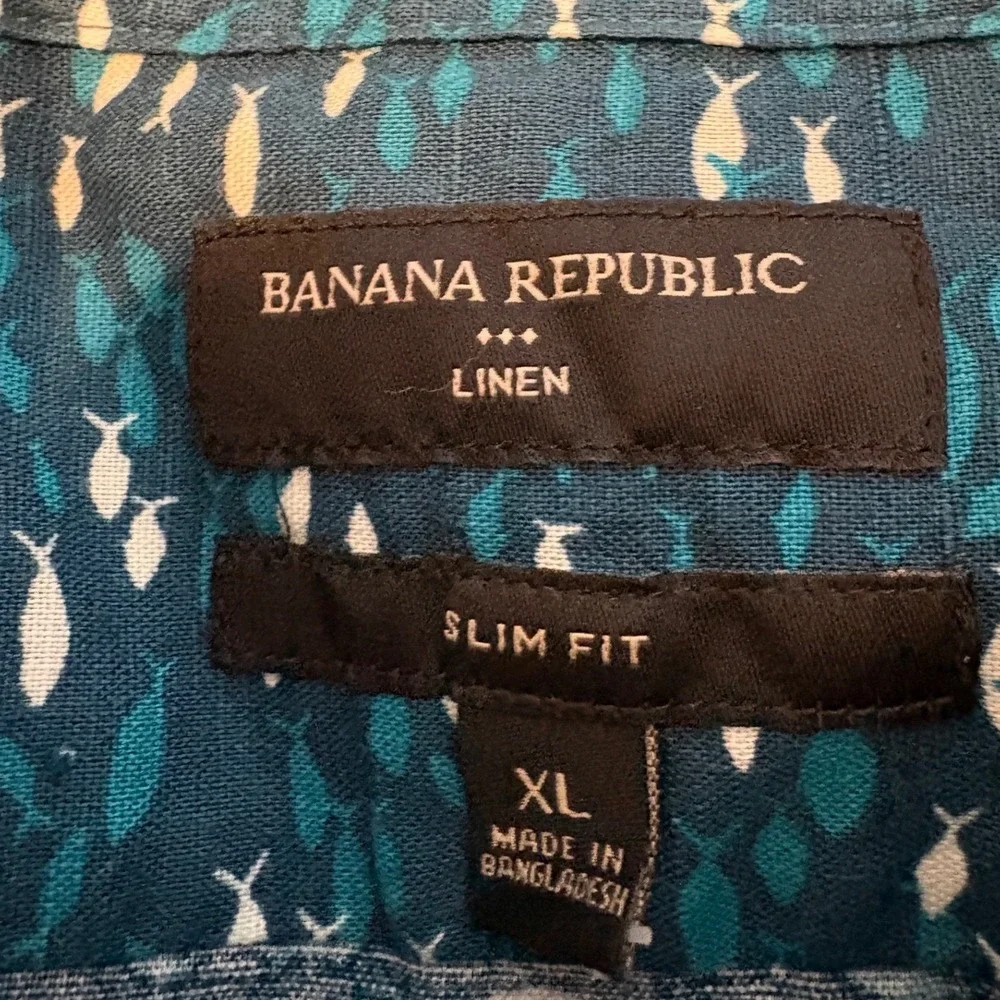 Banana Republic Mens XL Slim Fit Linen Blend Short Sleeve Button Down Shirt Fish
